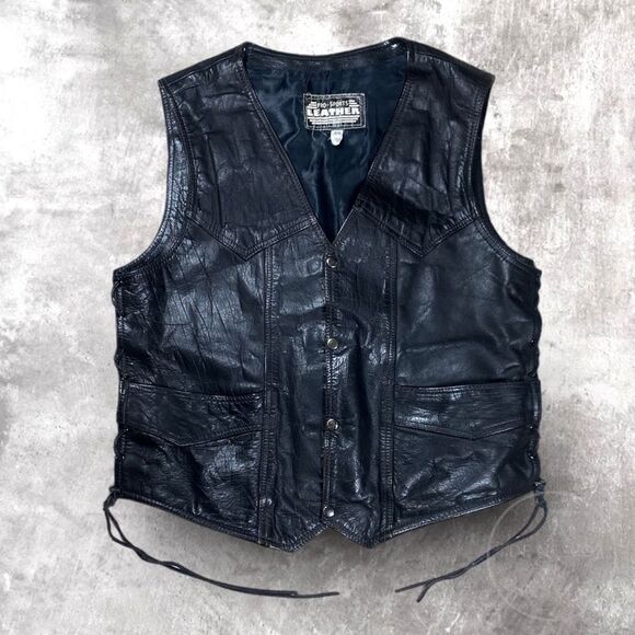 Pro Sports Leather Vintage Snap Button Lace Up Leather Biker Vest Size 46 Black